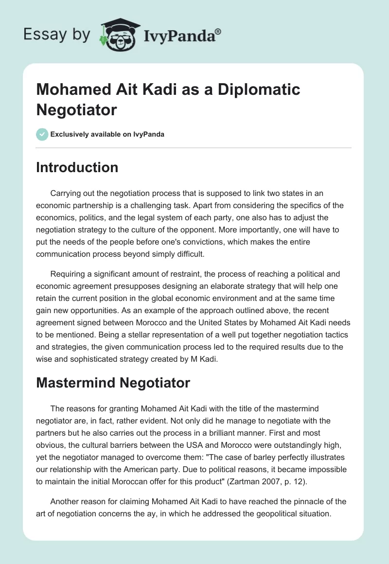 Mohamed Ait Kadi as a Diplomatic Negotiator. Page 1