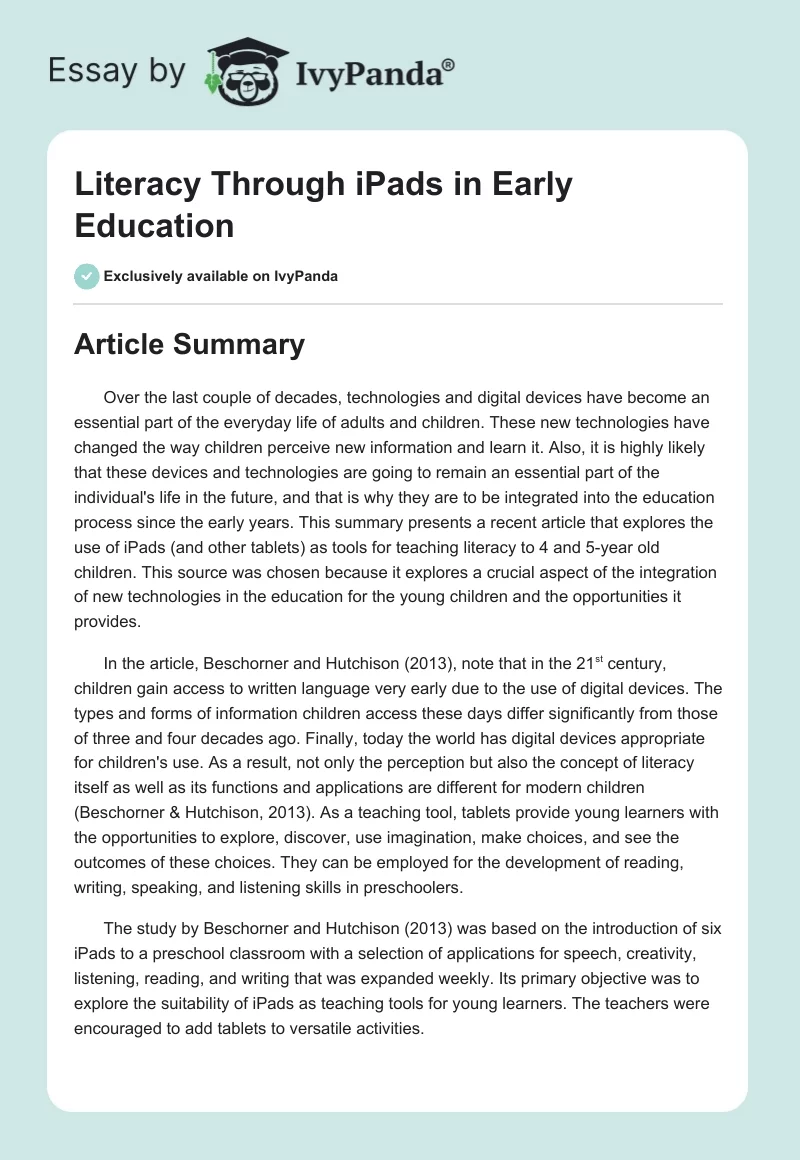 Literacy Through iPads in Early Education. Page 1