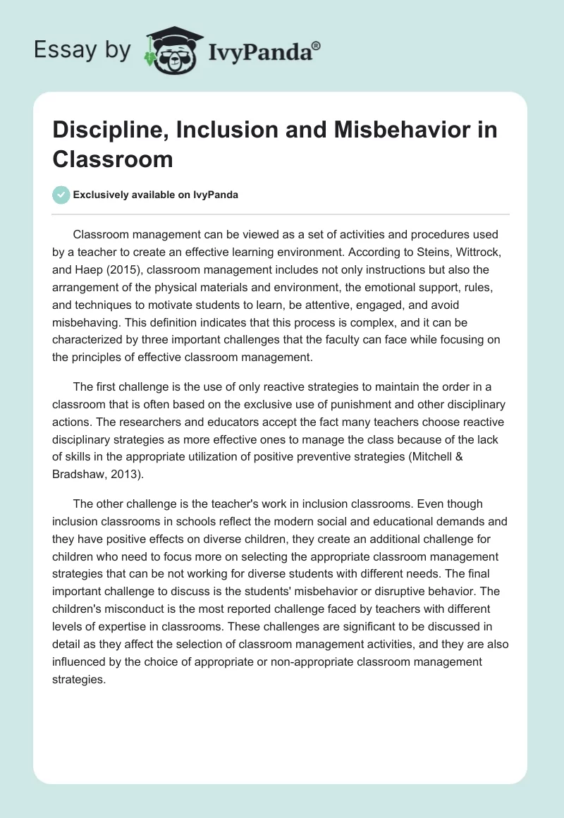 Discipline, Inclusion and Misbehavior in Classroom. Page 1