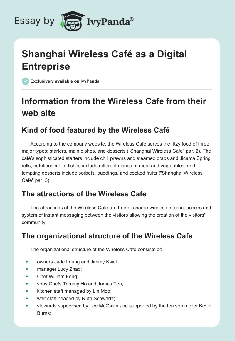 Shanghai Wireless Café as a Digital Entreprise. Page 1