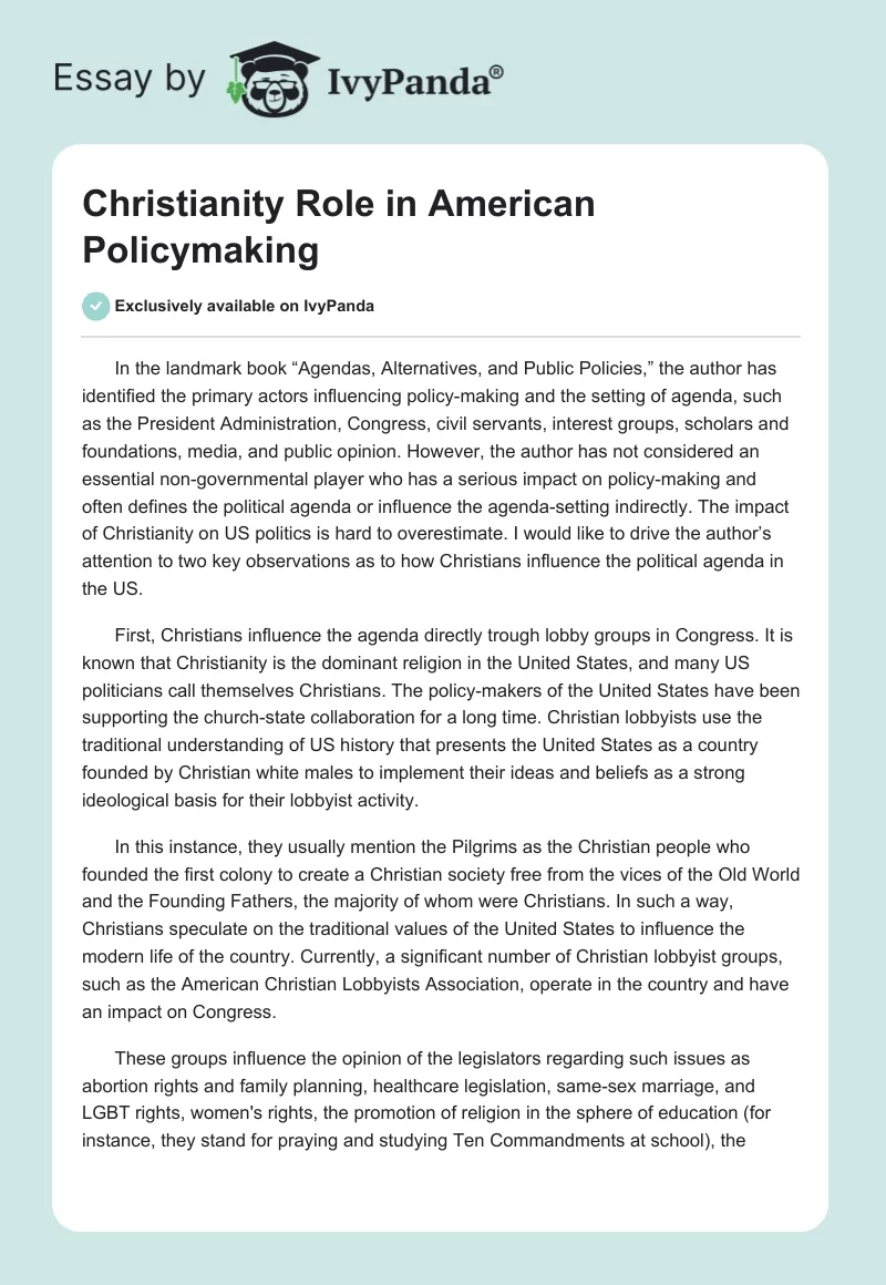 Christianity Role in American Policymaking. Page 1