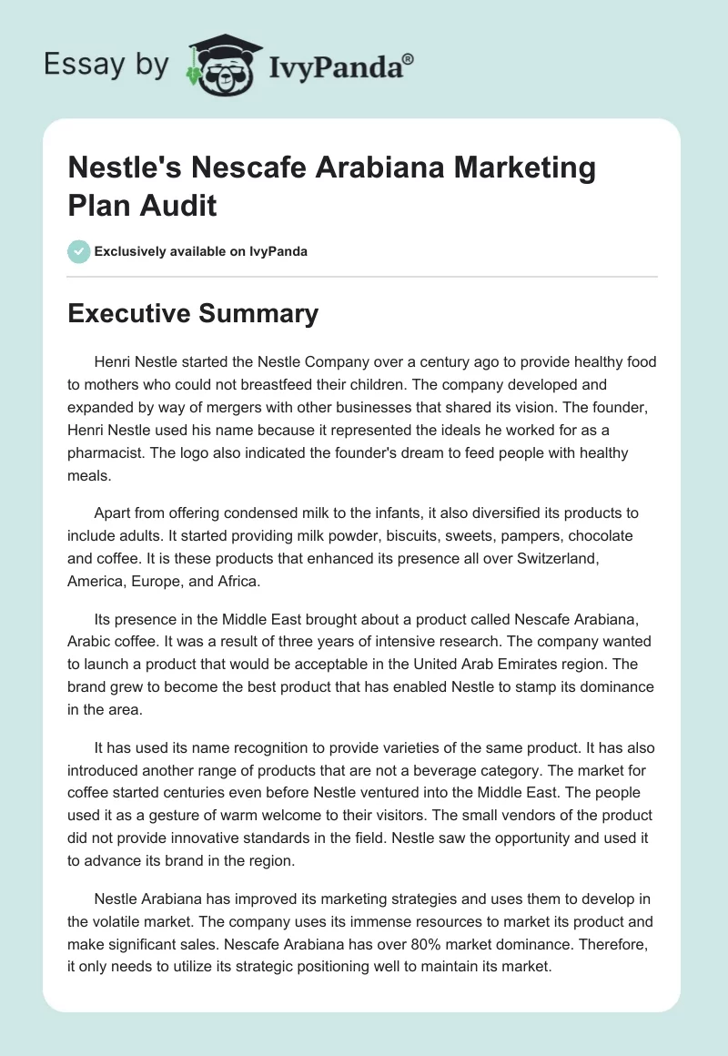 Nestle's Nescafe Arabiana Marketing Plan Audit. Page 1