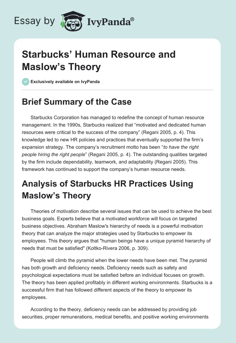 Starbucks’ Human Resource and Maslow’s Theory. Page 1