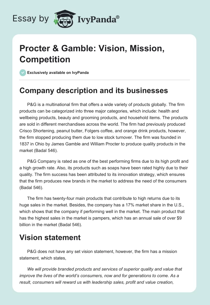 Procter & Gamble: Vision, Mission, Competition. Page 1