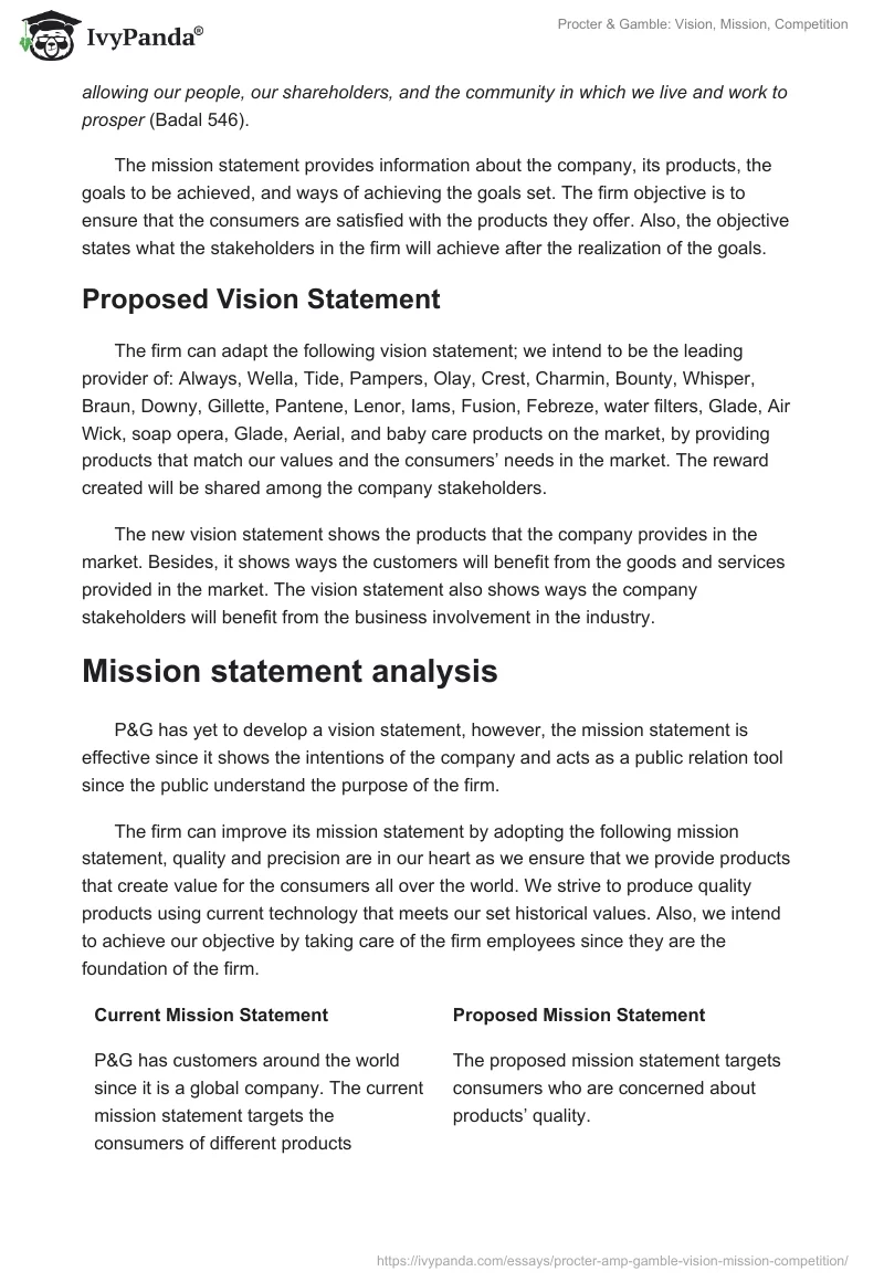 Procter & Gamble: Vision, Mission, Competition. Page 2