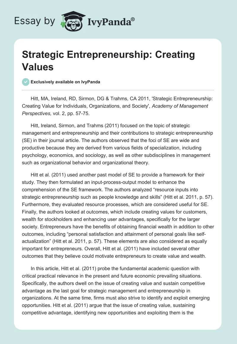 Strategic Entrepreneurship: Creating Values. Page 1