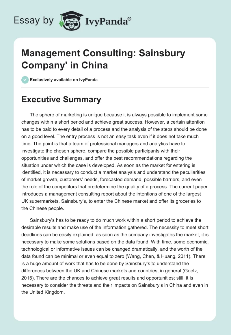 Management Consulting: Sainsbury Company in China. Page 1