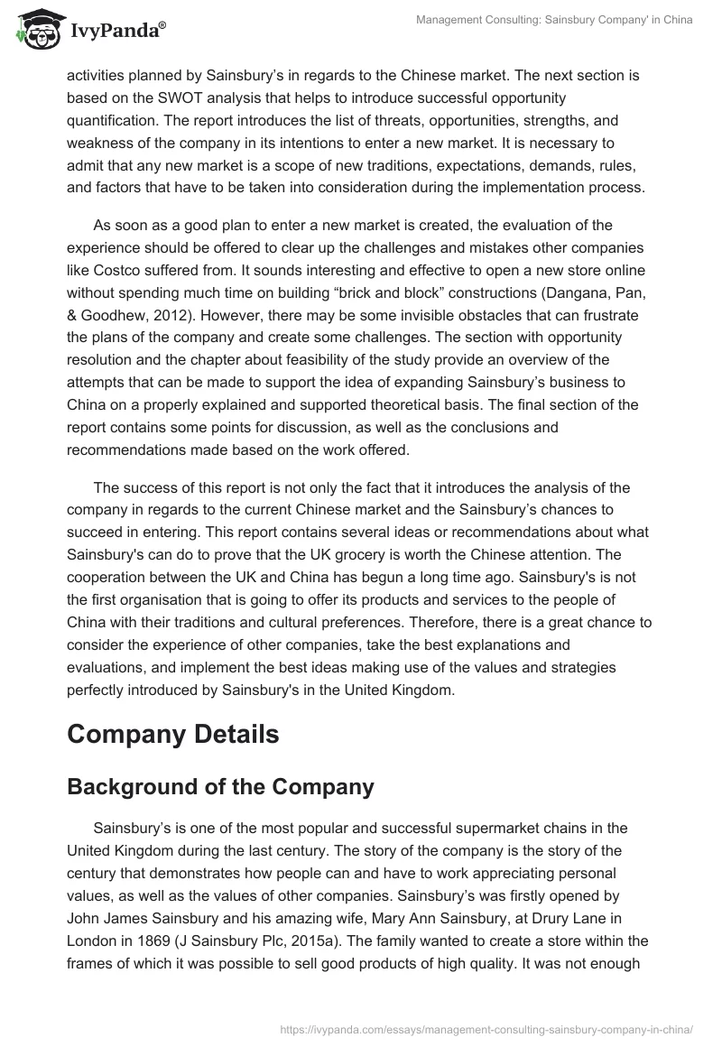 Management Consulting: Sainsbury Company in China. Page 3