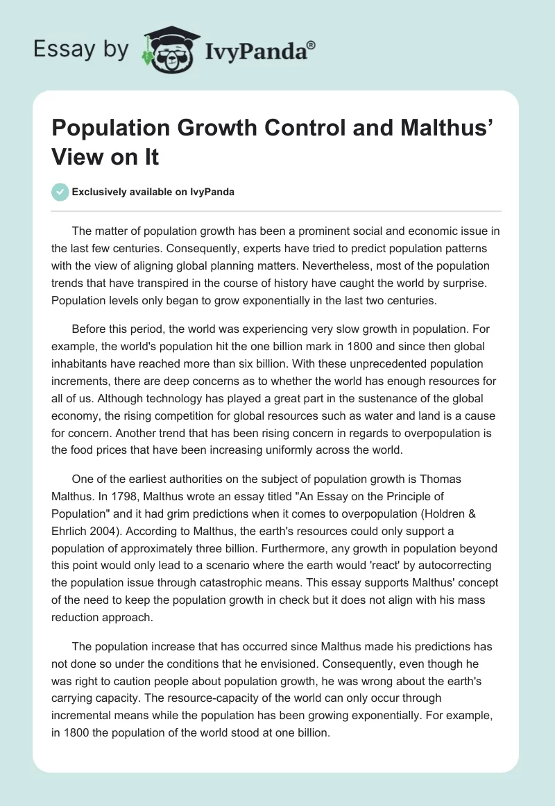 Population Growth Control and Malthus’ View on It. Page 1