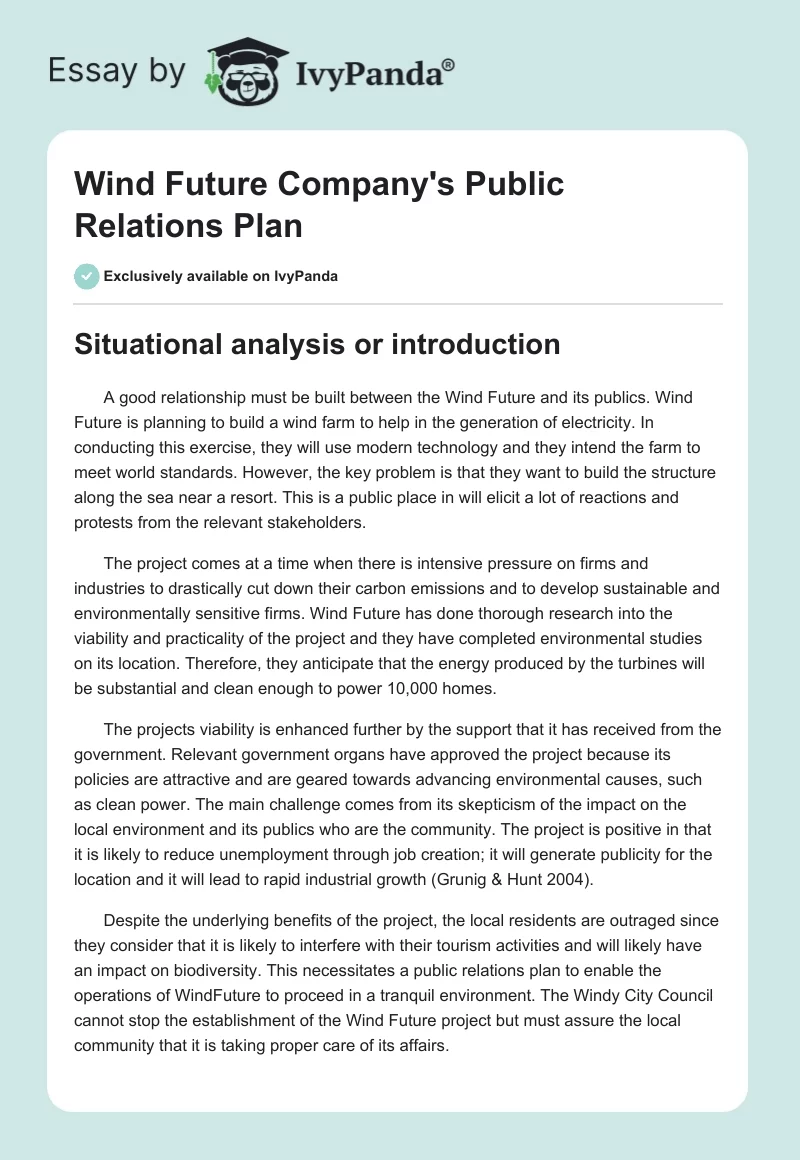 Wind Future Company's Public Relations Plan. Page 1