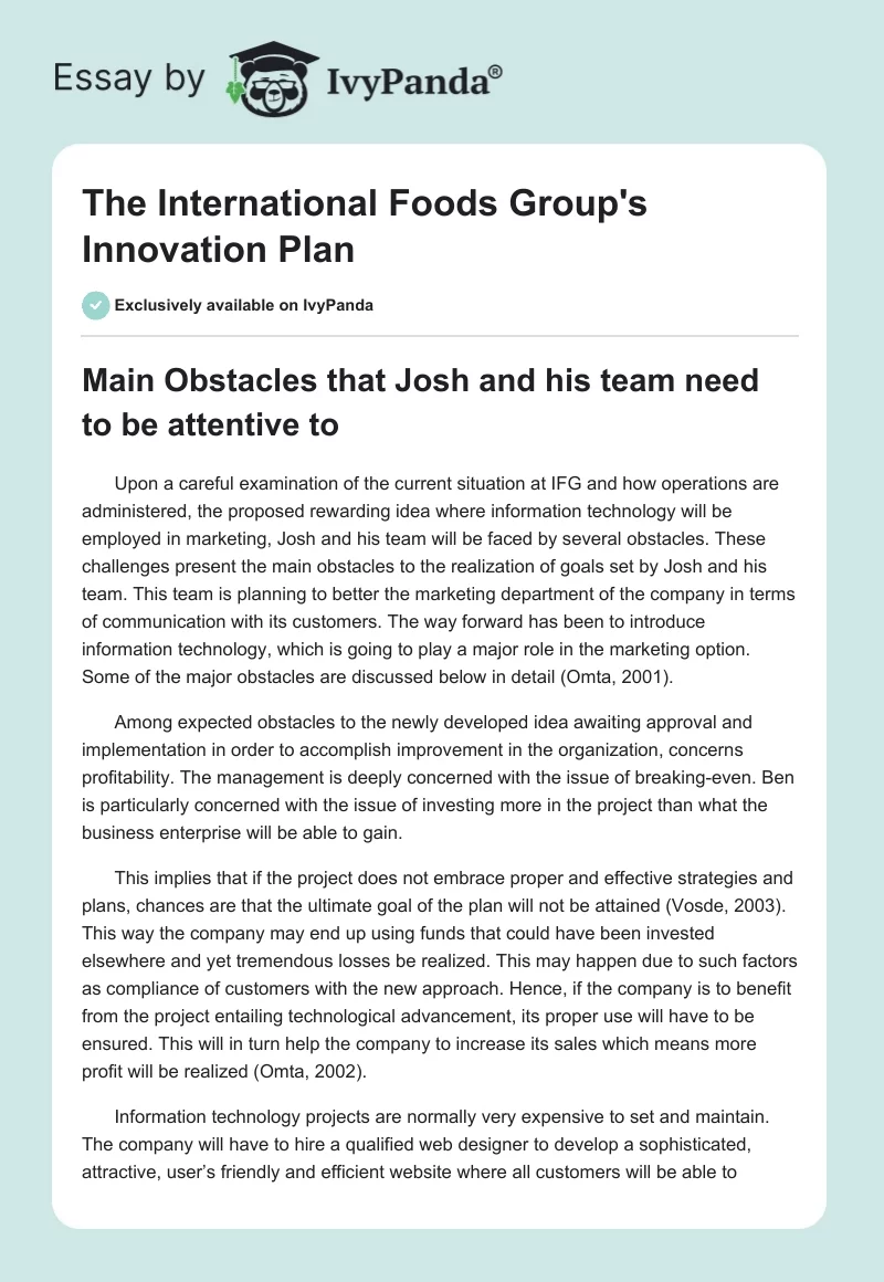 The International Foods Group's Innovation Plan. Page 1