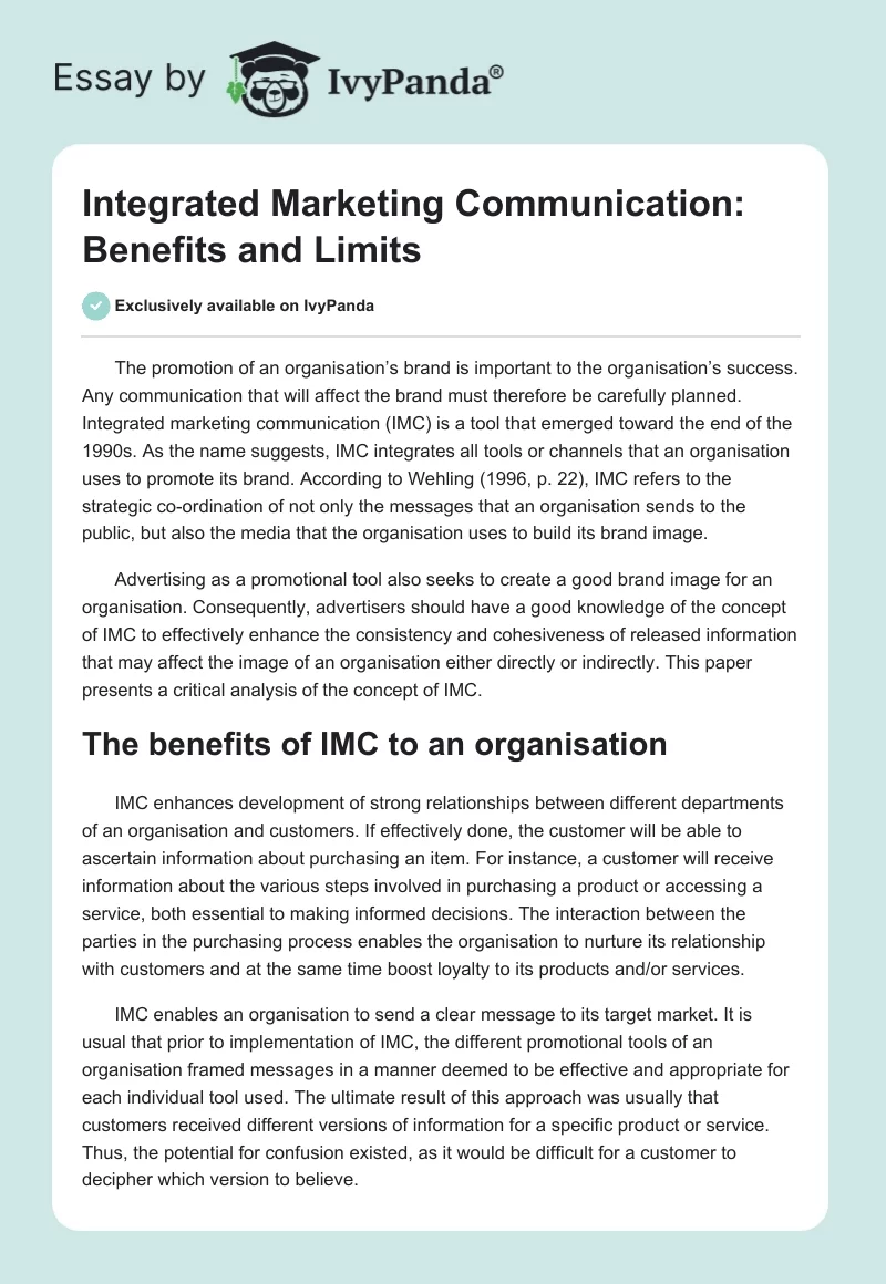 Integrated Marketing Communication: Benefits and Limits. Page 1