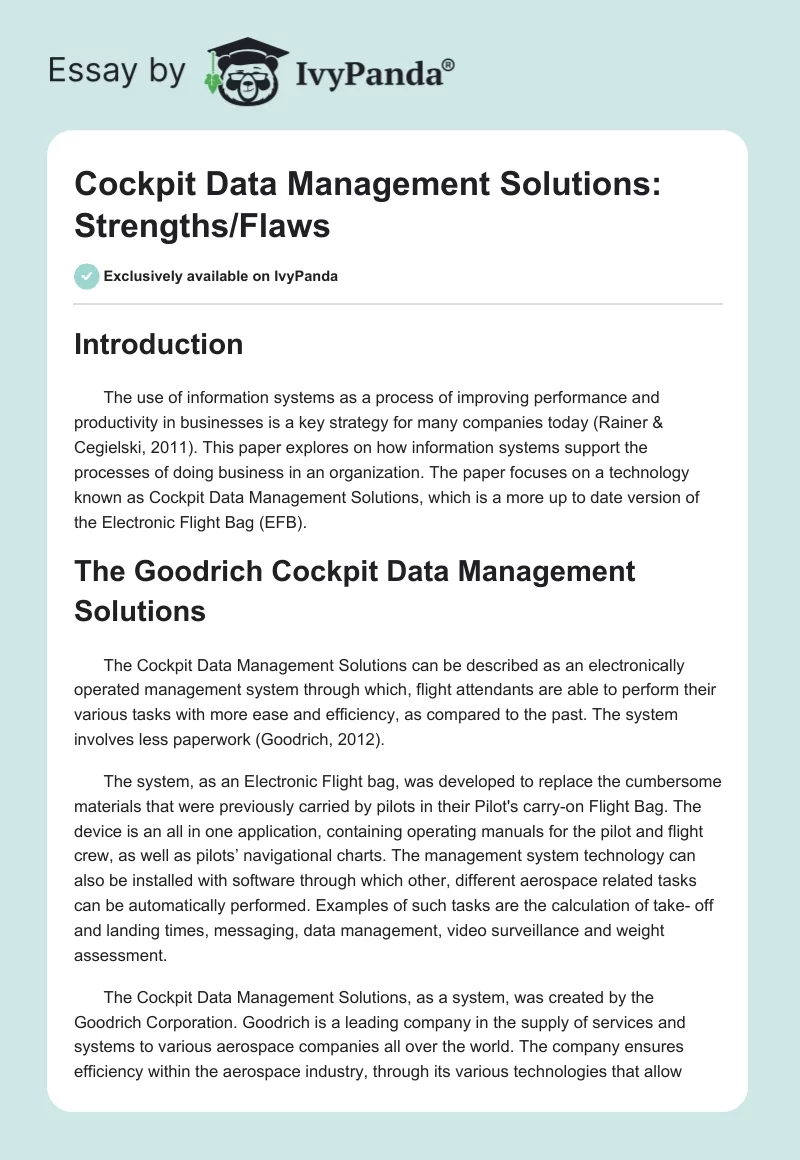 Cockpit Data Management Solutions: Strengths/Flaws. Page 1
