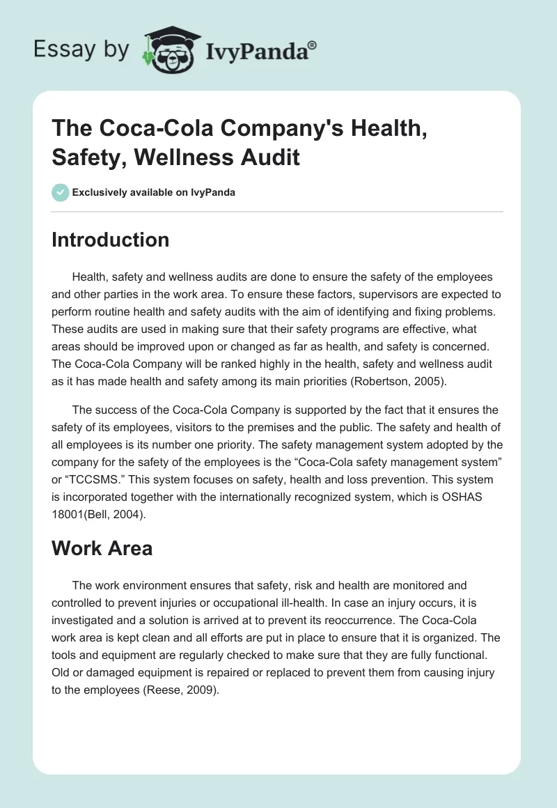 The Coca-Cola Company's Health, Safety, Wellness Audit. Page 1