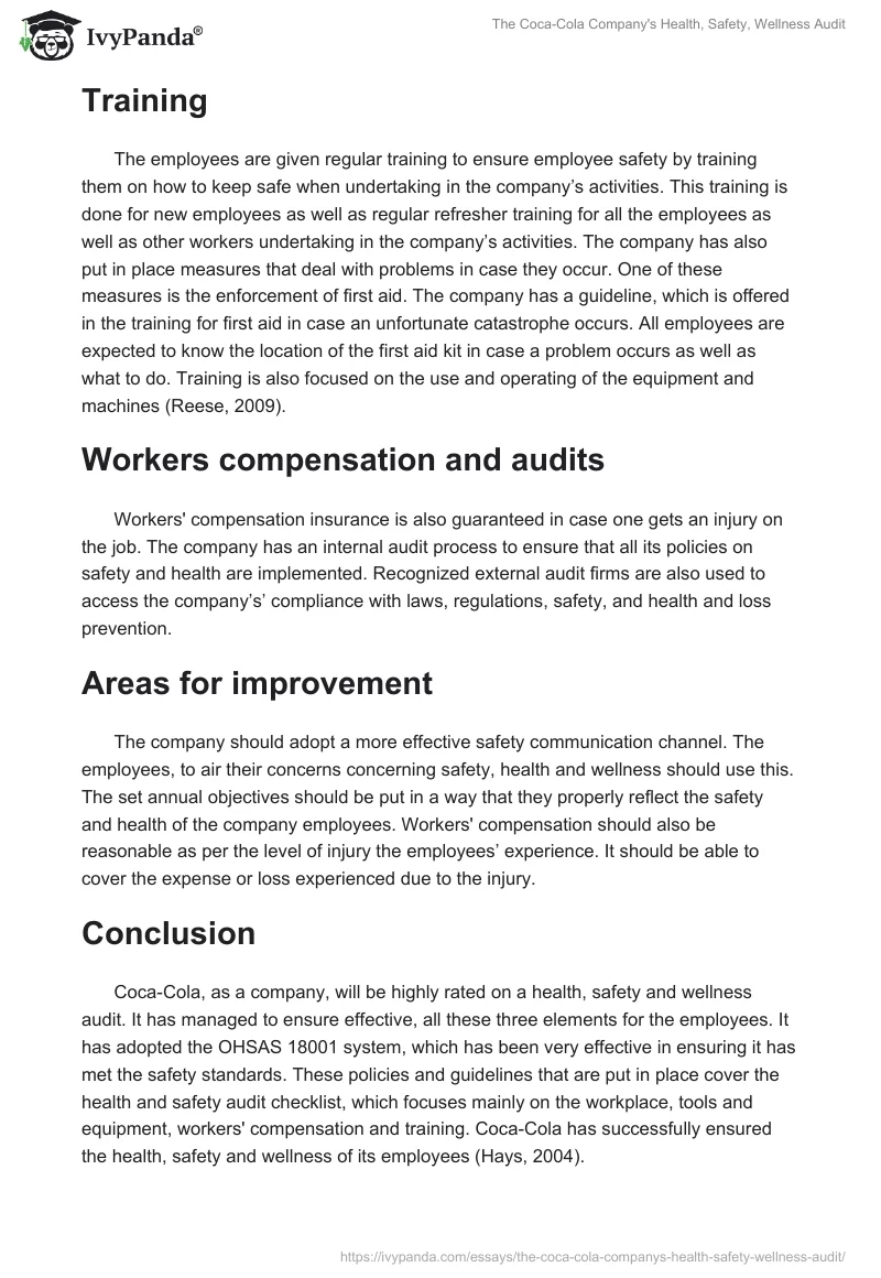 The Coca-Cola Company's Health, Safety, Wellness Audit. Page 2