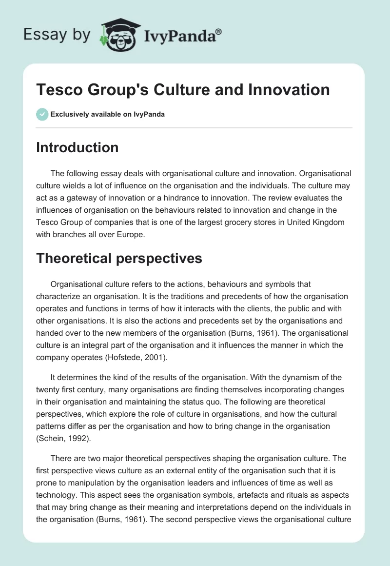 Tesco Group's Culture and Innovation. Page 1