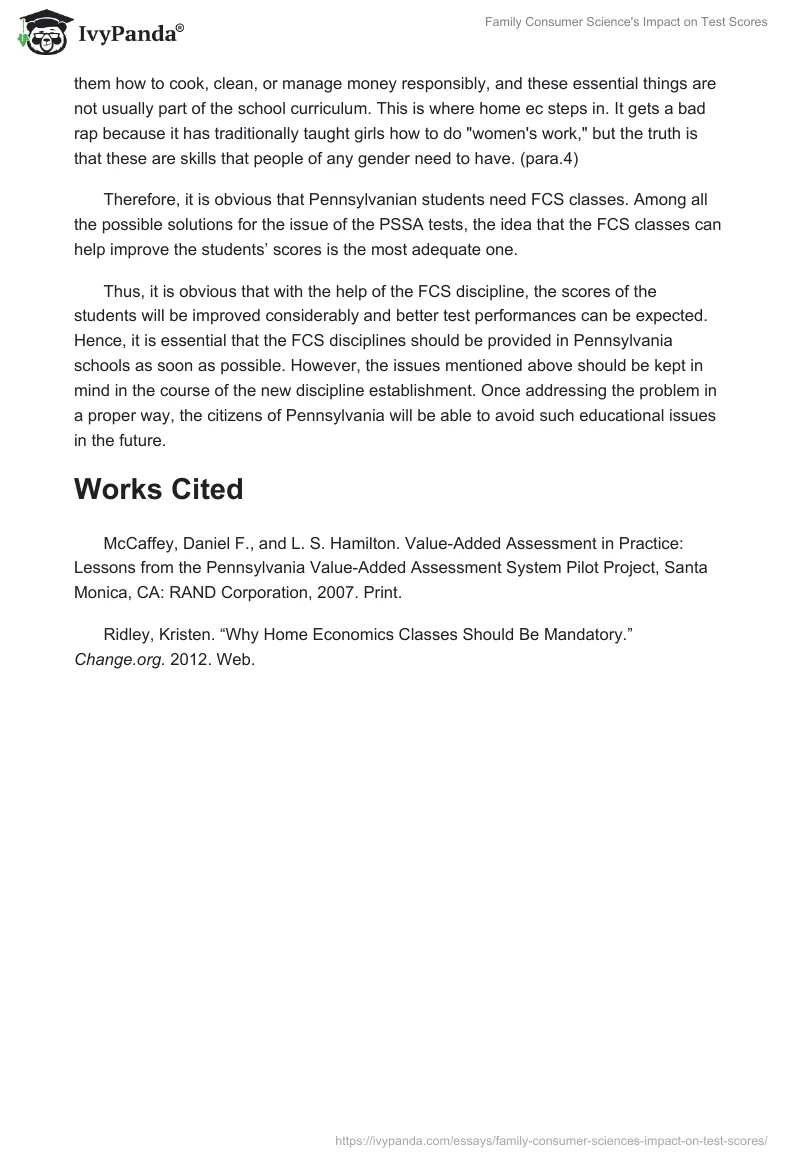 Family Consumer Science's Impact on Test Scores. Page 2