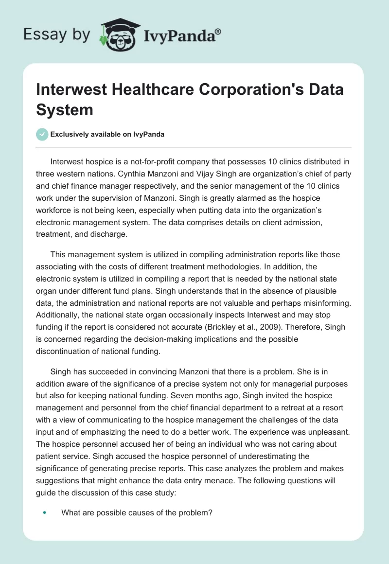 Interwest Healthcare Corporation's Data System. Page 1