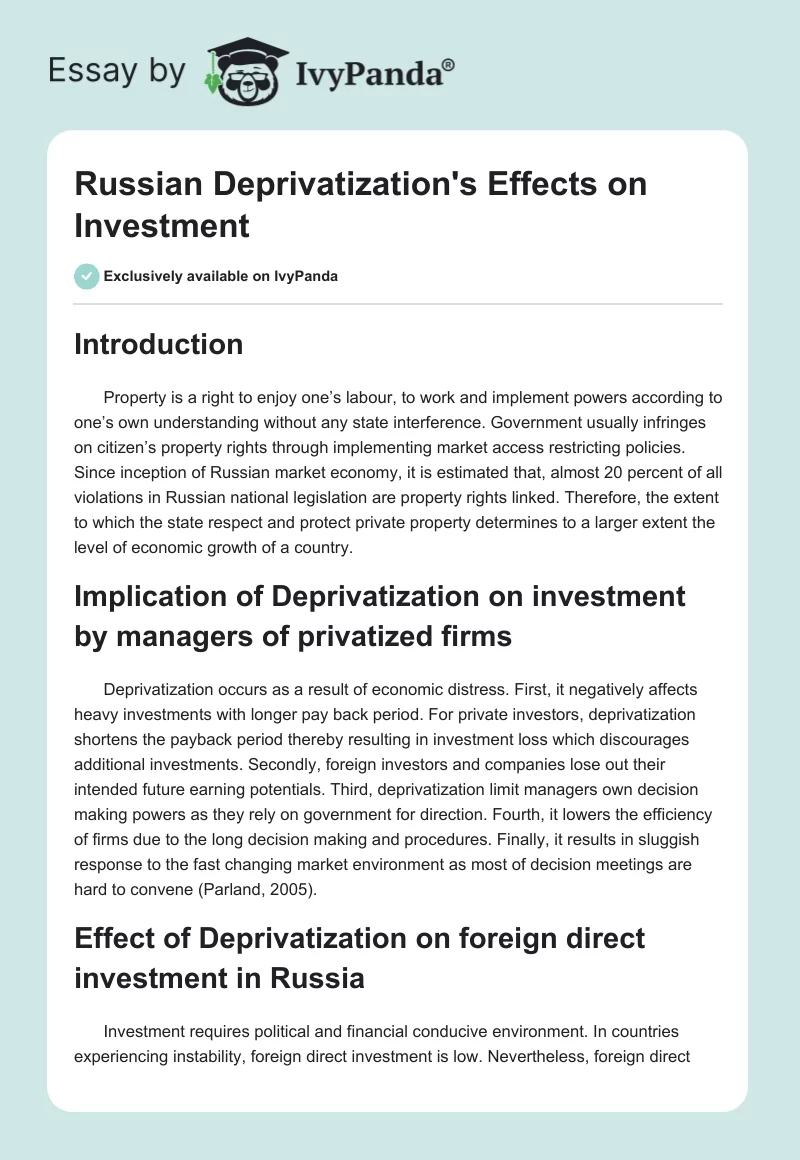 Russian Deprivatization's Effects on Investment. Page 1
