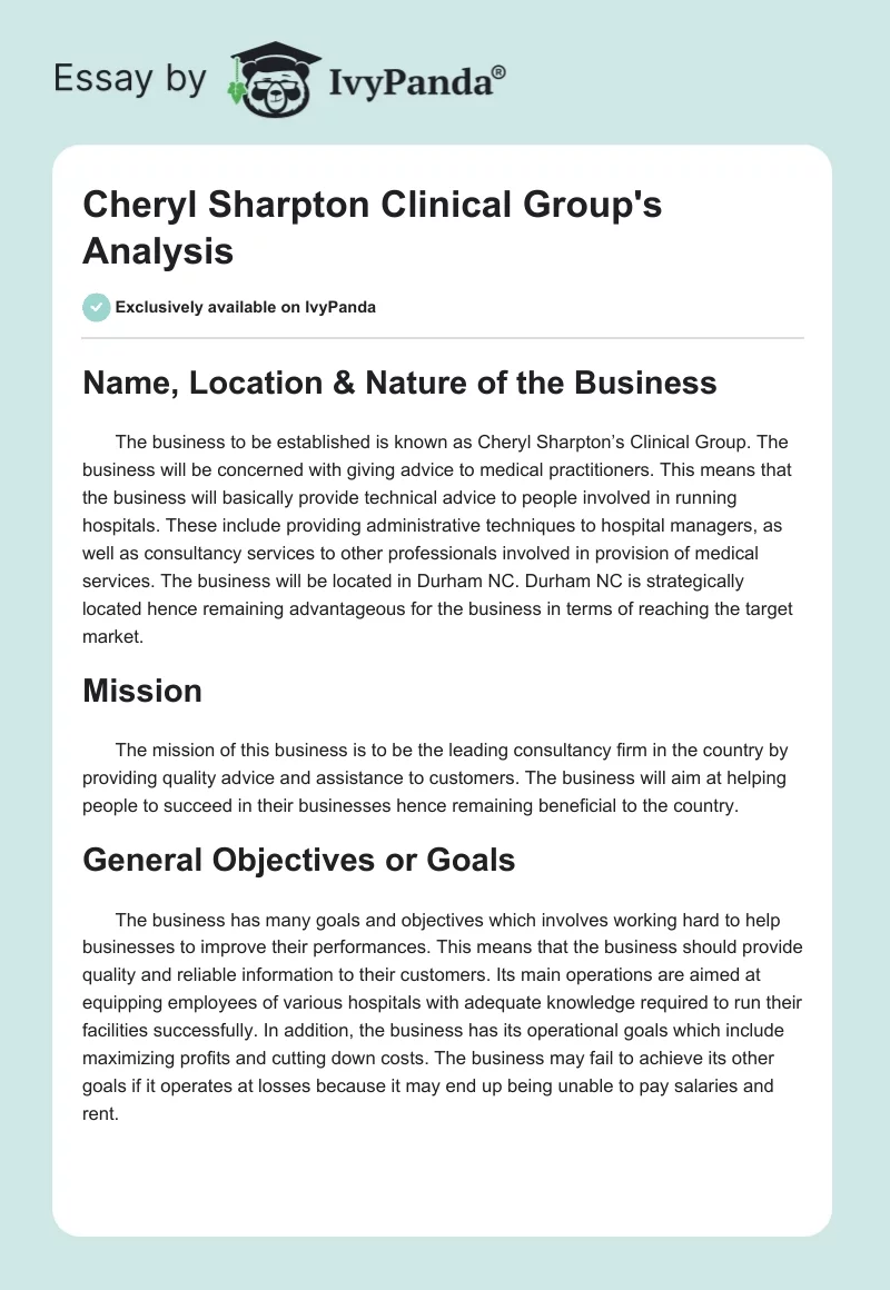 Cheryl Sharpton Clinical Group's Analysis. Page 1