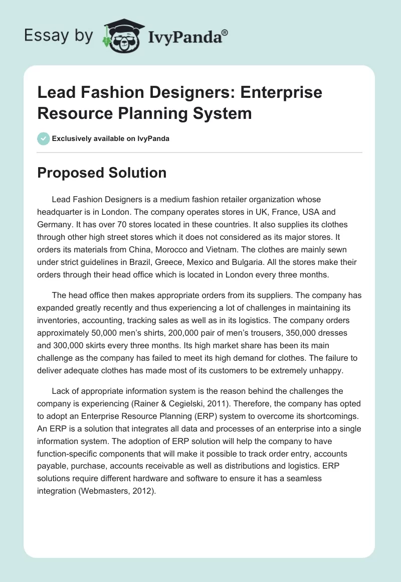 Lead Fashion Designers: Enterprise Resource Planning System. Page 1