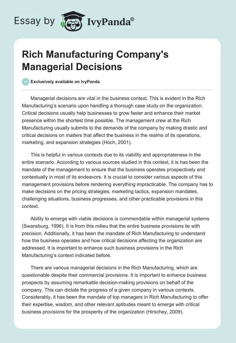 Rich Manufacturing Company's Managerial Decisions. Page 1
