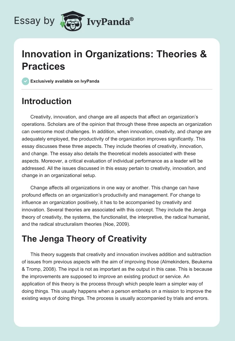 Innovation in Organizations: Theories & Practices. Page 1