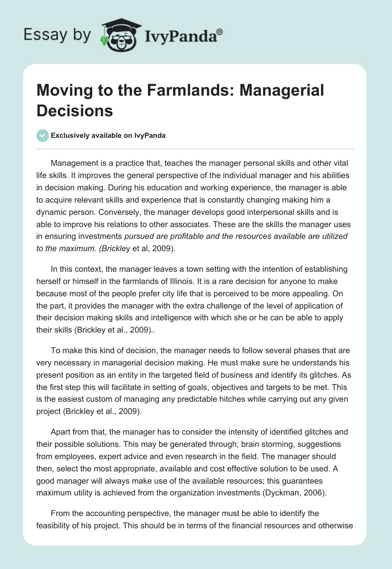 Moving to the Farmlands: Managerial Decisions. Page 1