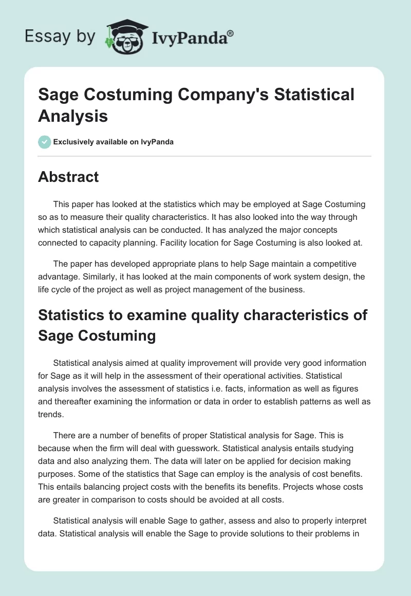 Sage Costuming Company's Statistical Analysis. Page 1