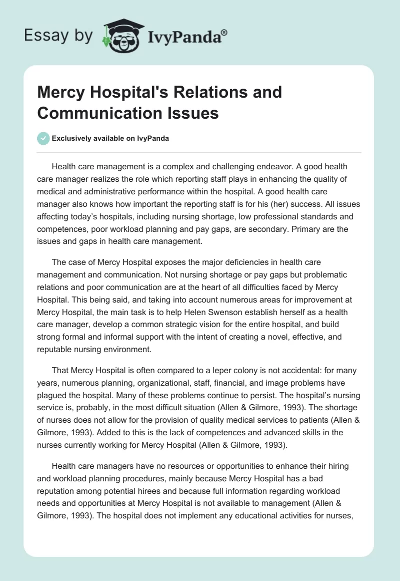 Mercy Hospital's Relations and Communication Issues. Page 1