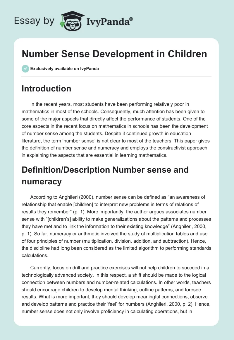 Number Sense Development in Children. Page 1