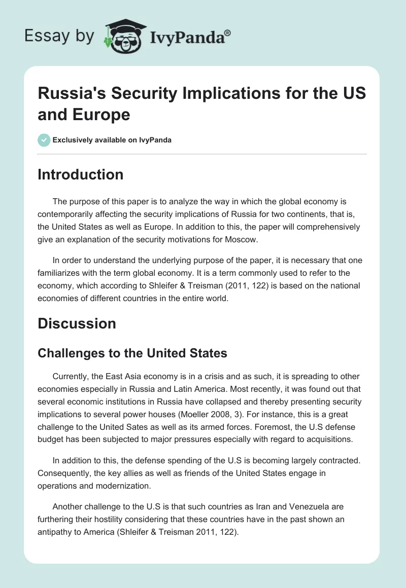 Russia's Security Implications for the US and Europe. Page 1
