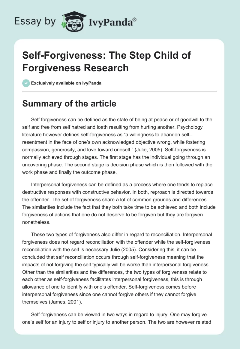 Self-Forgiveness: The Step Child of Forgiveness Research. Page 1