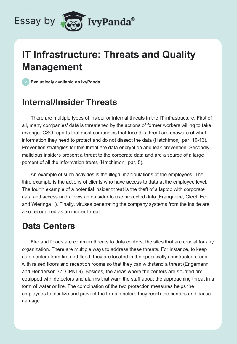 IT Infrastructure: Threats and Quality Management. Page 1