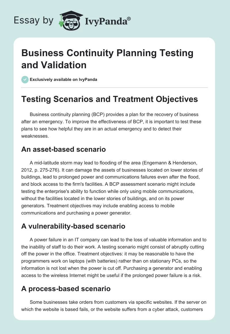 Business Continuity Planning Testing and Validation. Page 1