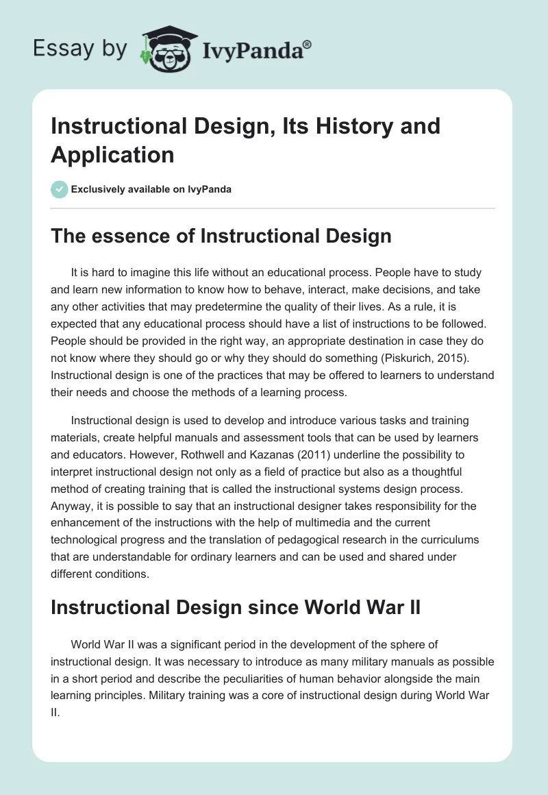 Instructional Design, Its History and Application. Page 1