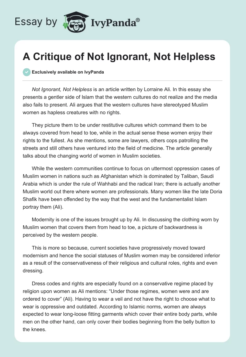 A Critique of Not Ignorant, Not Helpless. Page 1