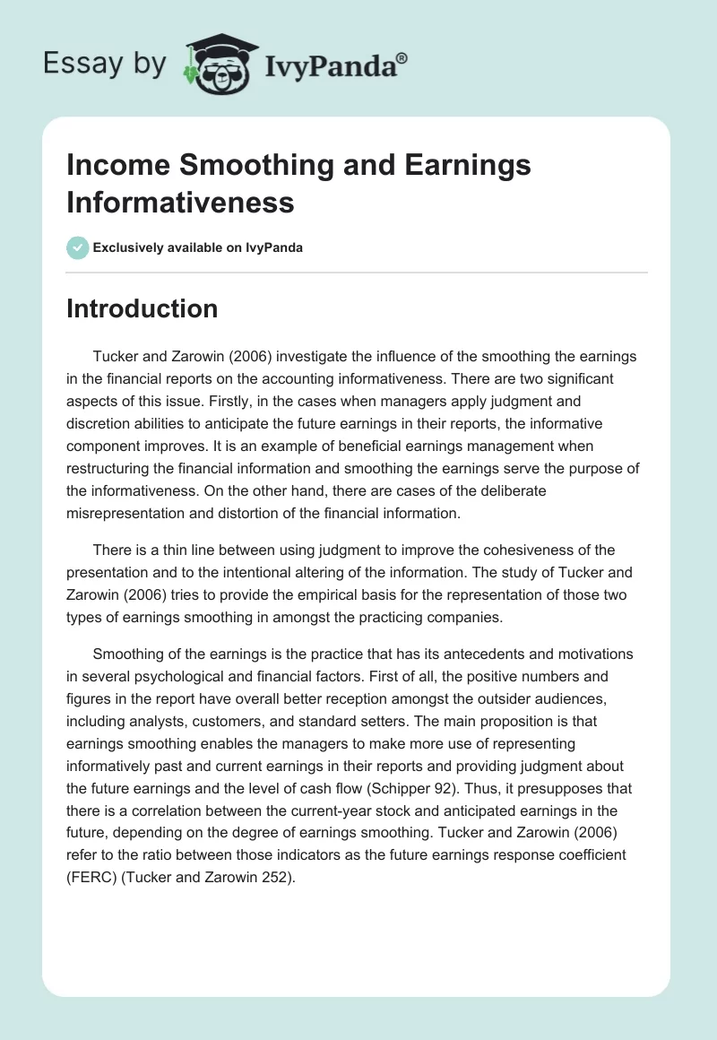 Income Smoothing and Earnings Informativeness. Page 1