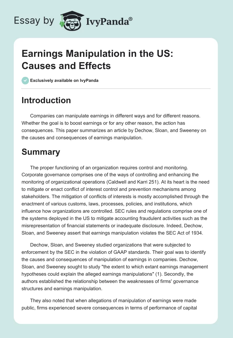 Earnings Manipulation in the US: Causes and Effects. Page 1