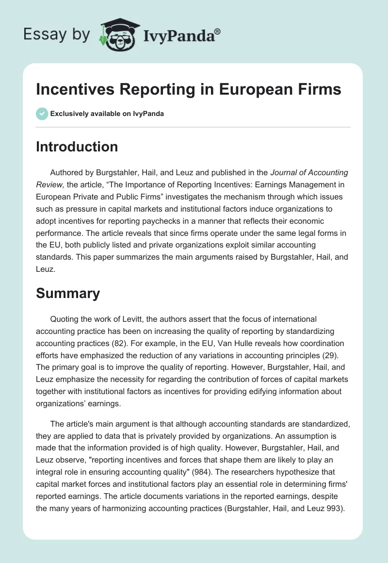 Incentives Reporting in European Firms. Page 1