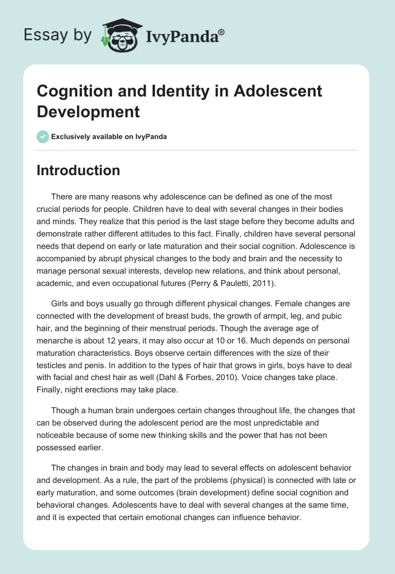 Cognition and Identity in Adolescent Development. Page 1