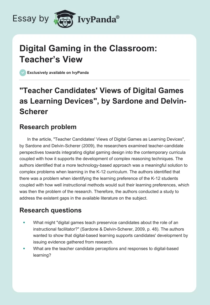 Digital Gaming in the Classroom: Teacher’s View. Page 1