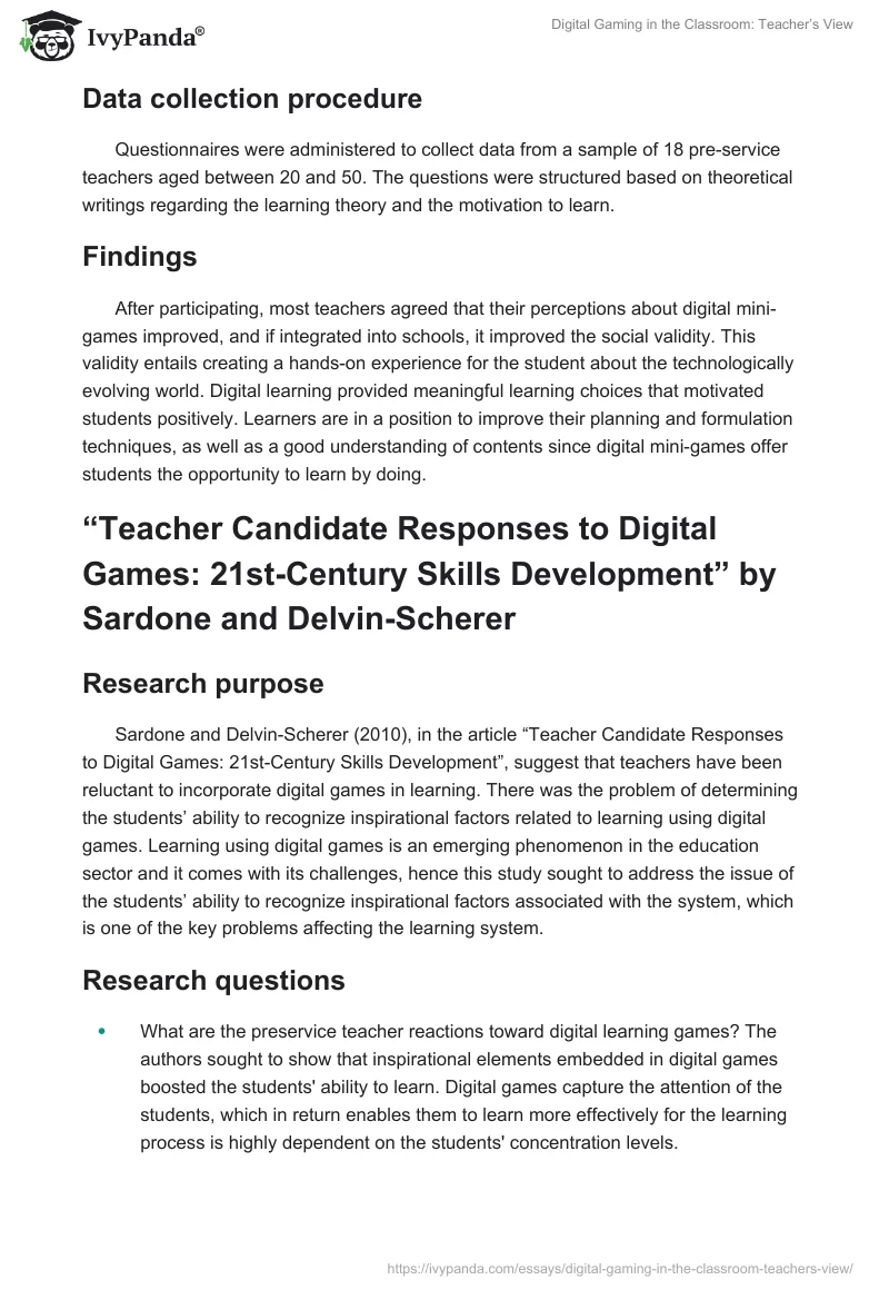 Digital Gaming in the Classroom: Teacher’s View. Page 3