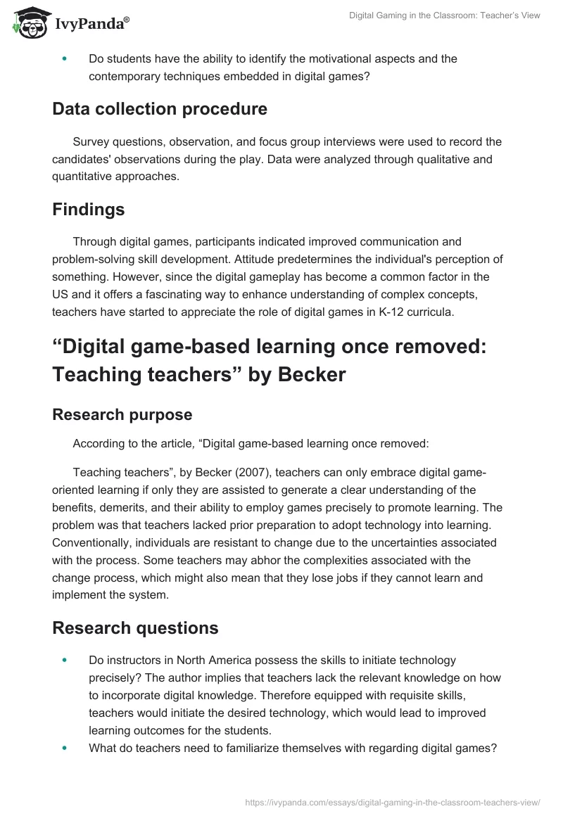 Digital Gaming in the Classroom: Teacher’s View. Page 4