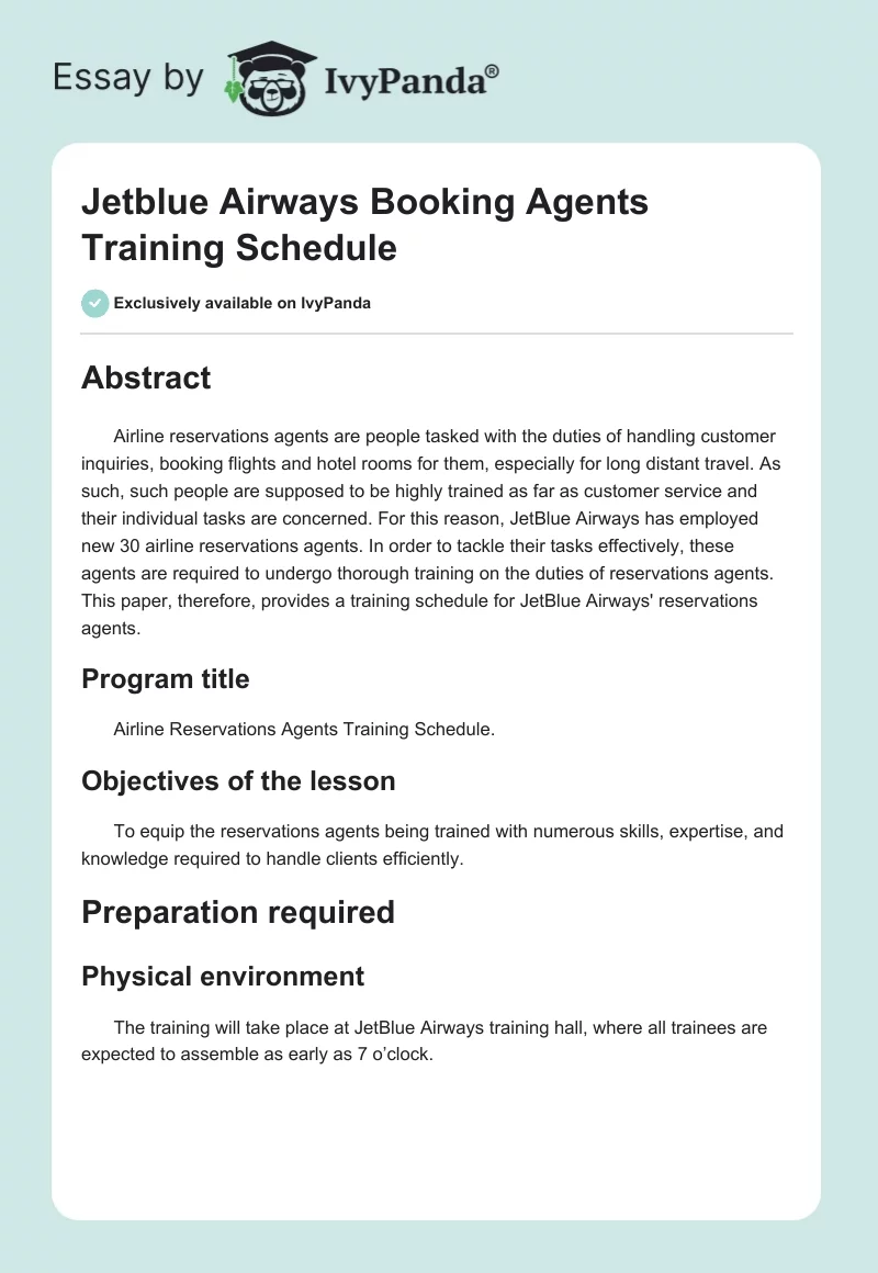 Jetblue Airways Booking Agents Training Schedule. Page 1