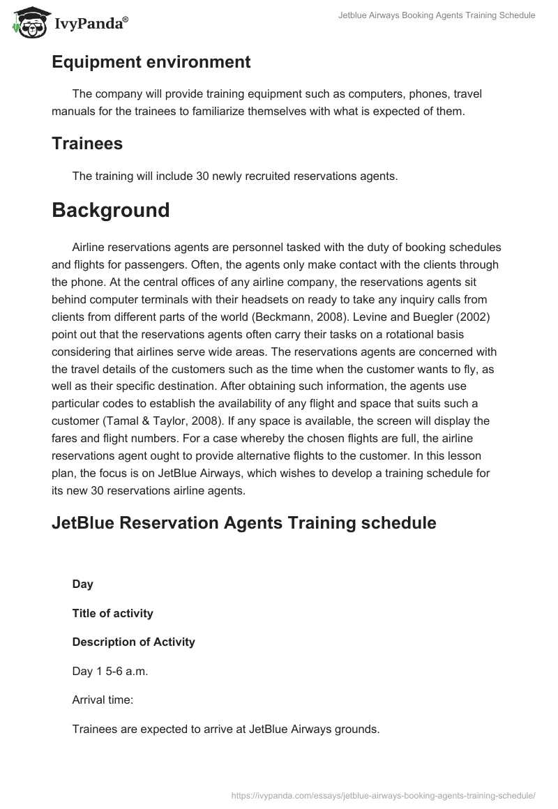 Jetblue Airways Booking Agents Training Schedule. Page 2