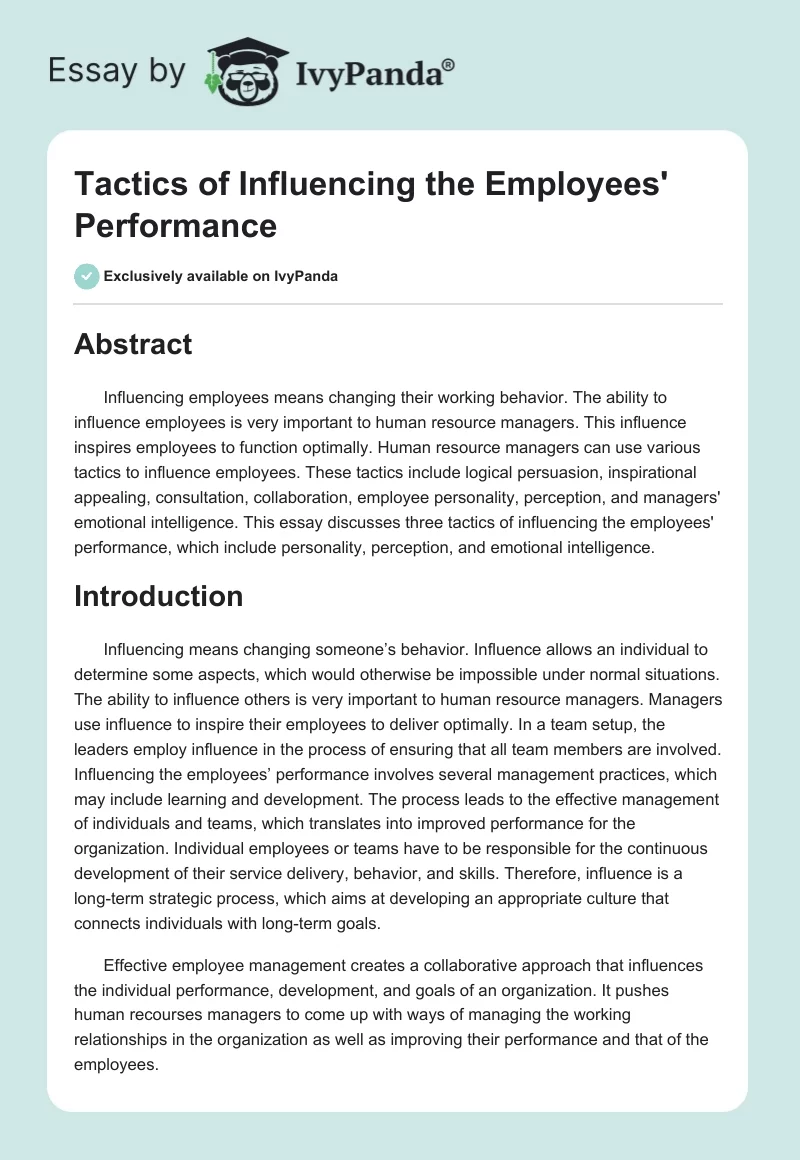 Tactics of Influencing the Employees' Performance. Page 1
