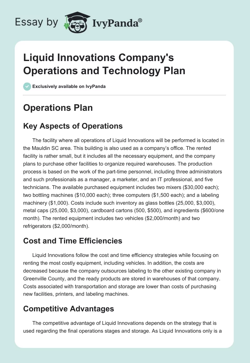Liquid Innovations Company's Operations and Technology Plan. Page 1