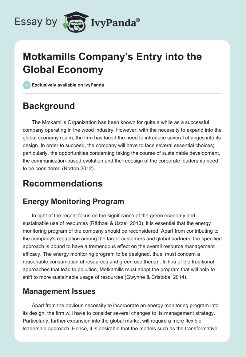 Motkamills Company's Entry into the Global Economy. Page 1
