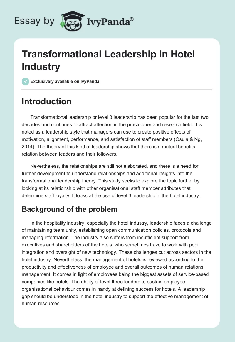 Transformational Leadership in Hotel Industry. Page 1